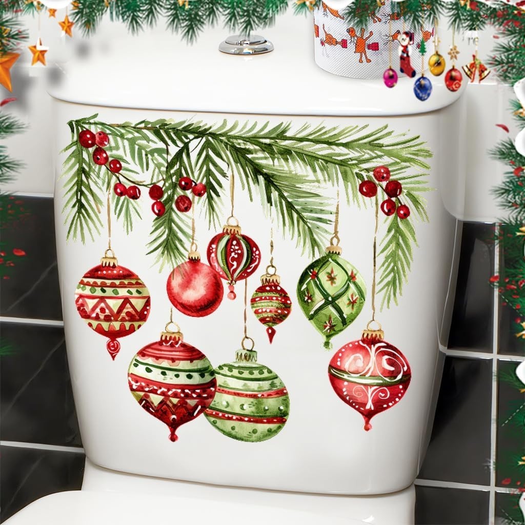 2Pcs Christmas Snowman Toilet Sticker Holly Colorful Balls Toilet Seat Cover