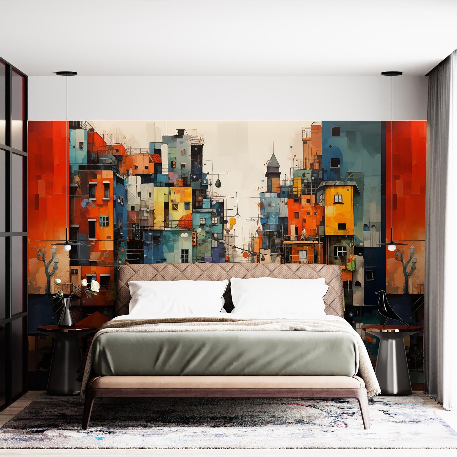 Colorful Modern City Wall Murals 3D Peel and Stick 148" W x 98" H Hand Painte…