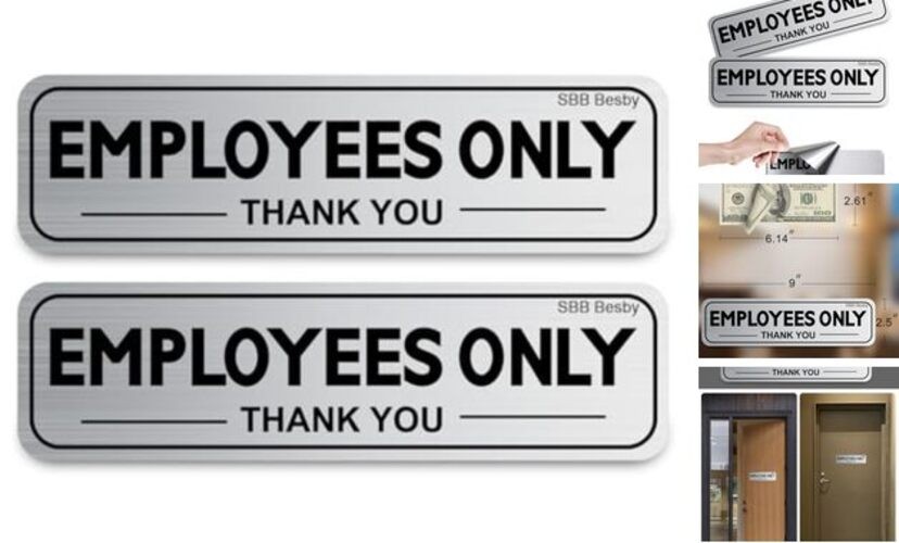 2pcs Employees Only Sign Stickers, Metal like Brushed Silver, 9"x2.5", Back