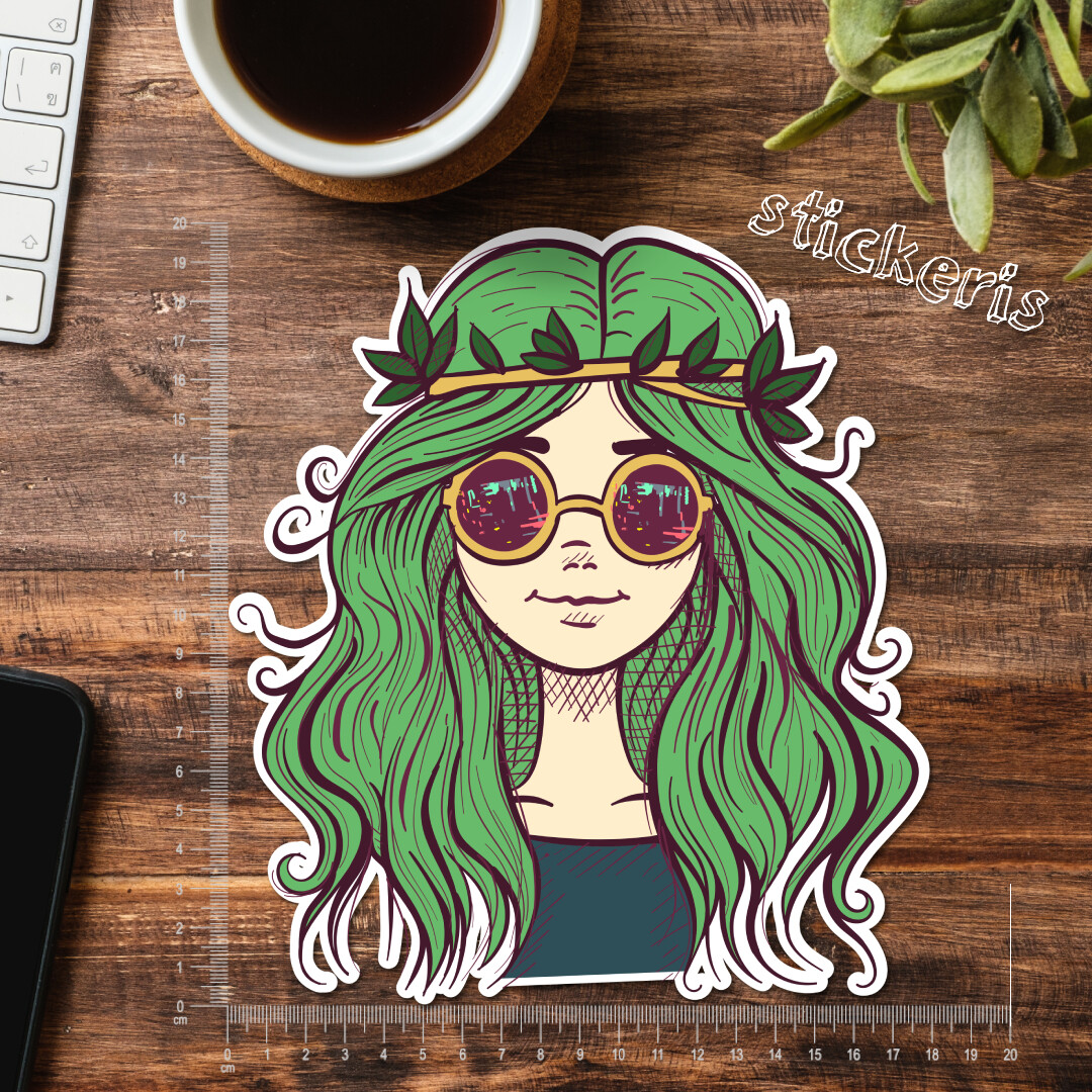 2x Hippie girl with green hair and sunglasses, funky psychedelic woman sticker