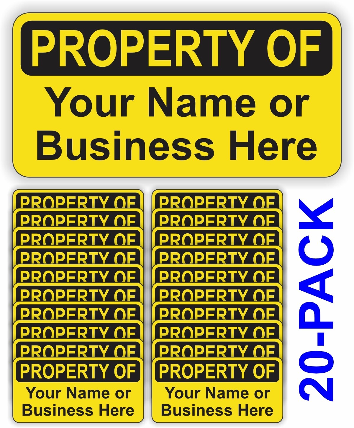 20 Custom Printed PROPERTY OF Yellow Vinyl 1.5×3-inch Stickers Decals Markers