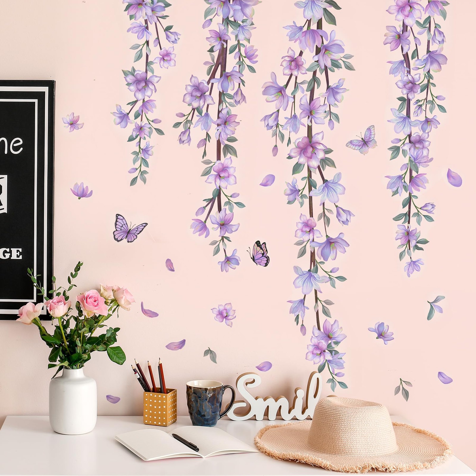 Hanging Creative Removable DIY Purple Flower and Vines Some Flying Butterfly …