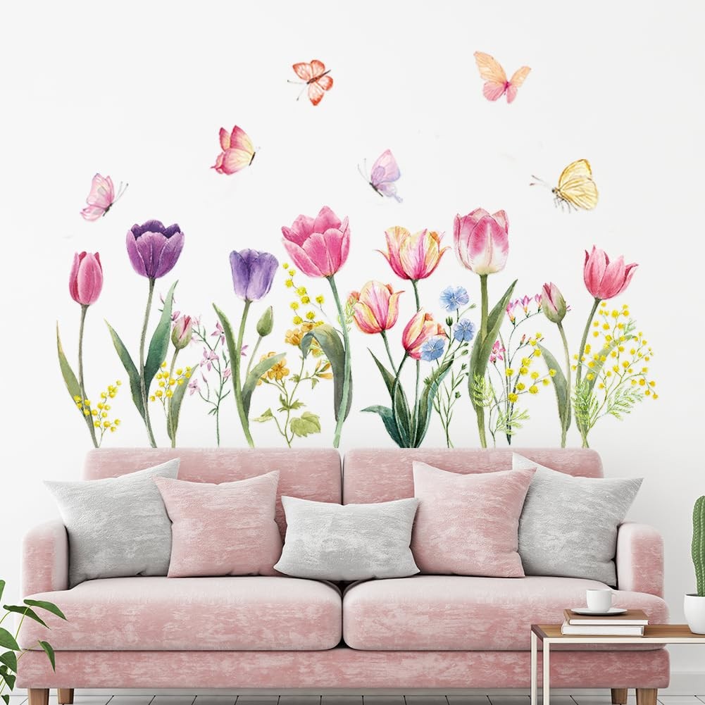 Tulip Flowers Wall Decals Floral Butterfly Wall Stickers Colorful Flowers Wal…