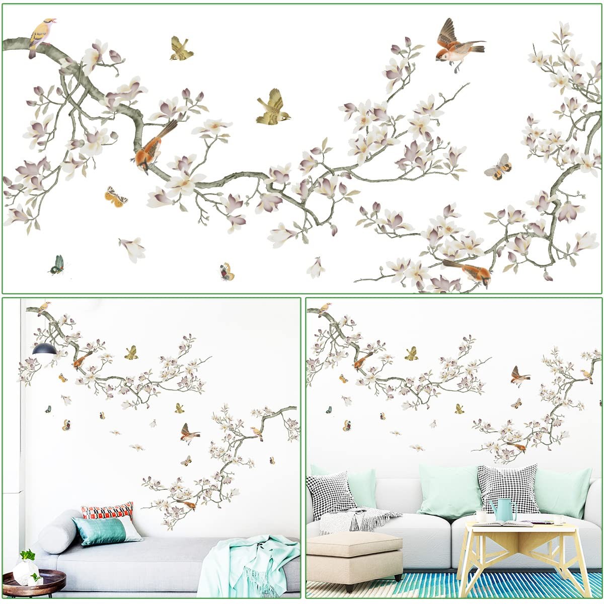 Removable 3D Two Curved Tree Branches Leaves With Colorful Flying Birds Wall …