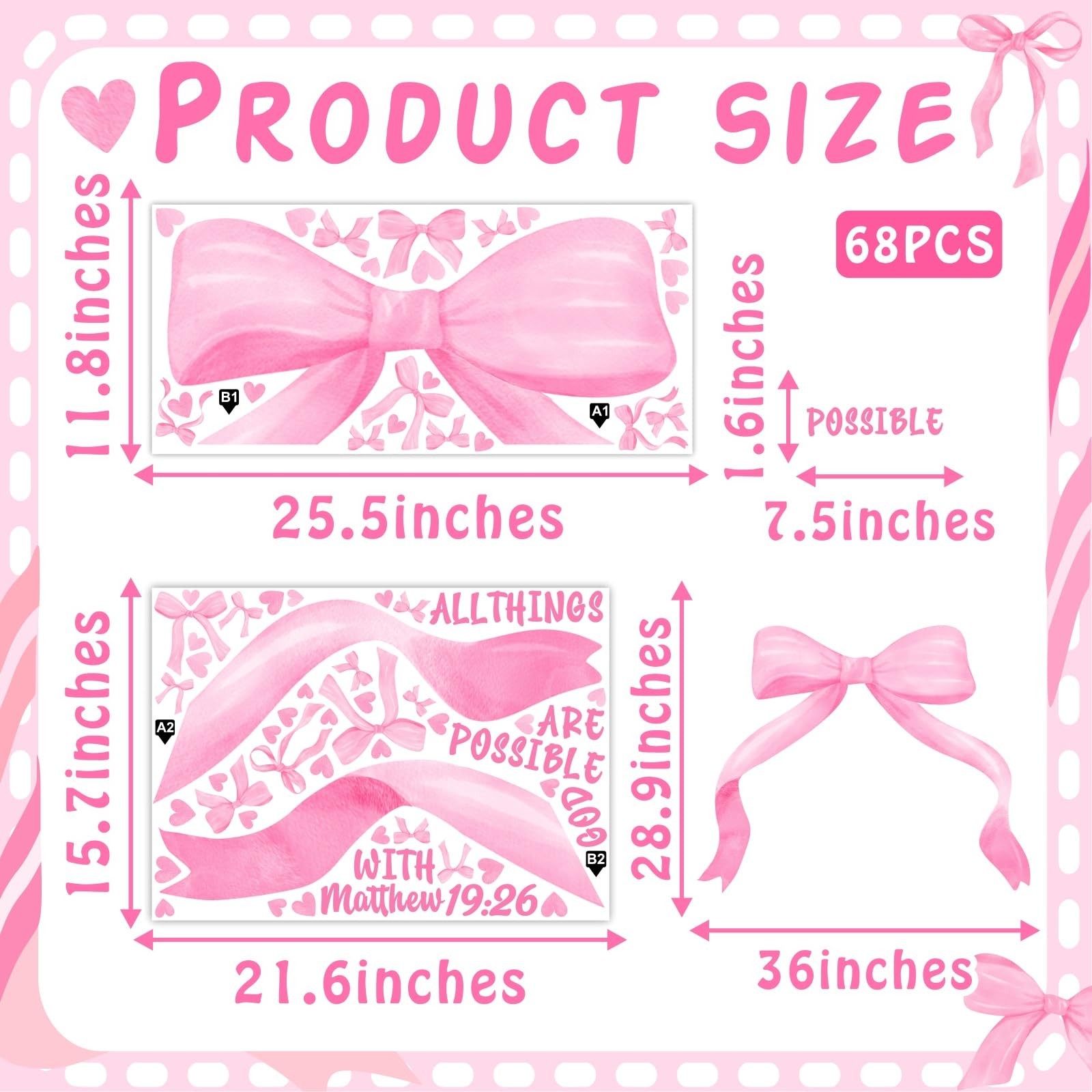 Large Watercolor Girls Room Wall Decals Pink Bow Wall Stickers Peel and Stick…