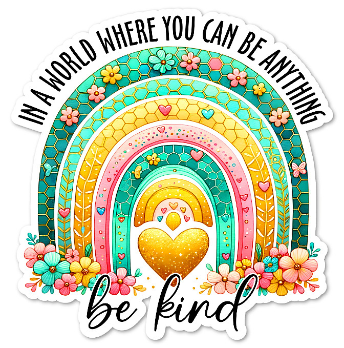 Be Kind Vinyl Sticker, Heart, Rainbow Water Resistant, Scrapbooking Water Bottle