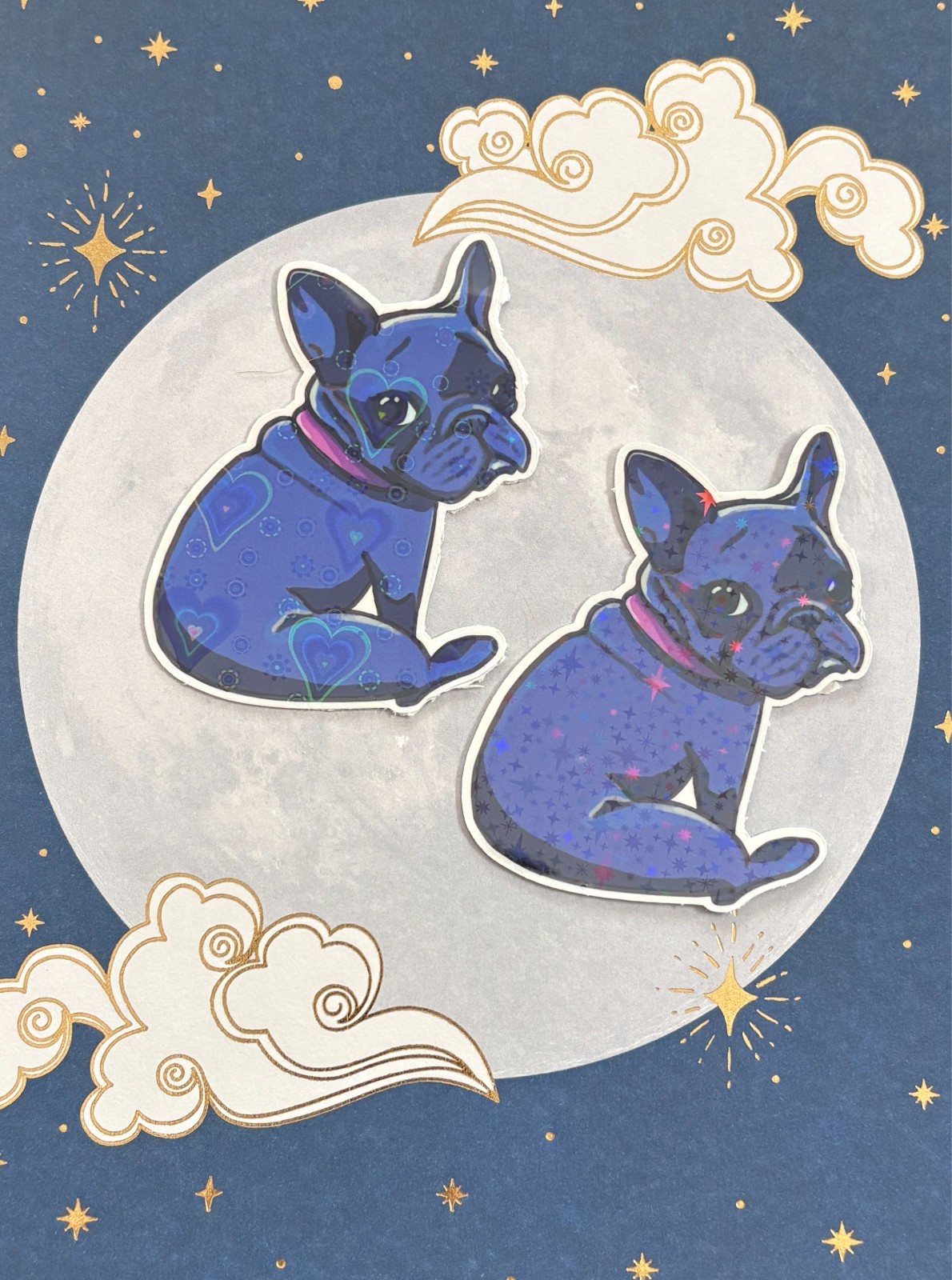 Holographic Frenchie Purple French Bull Dog Vinyl Sticker by KayshaLacyArt
