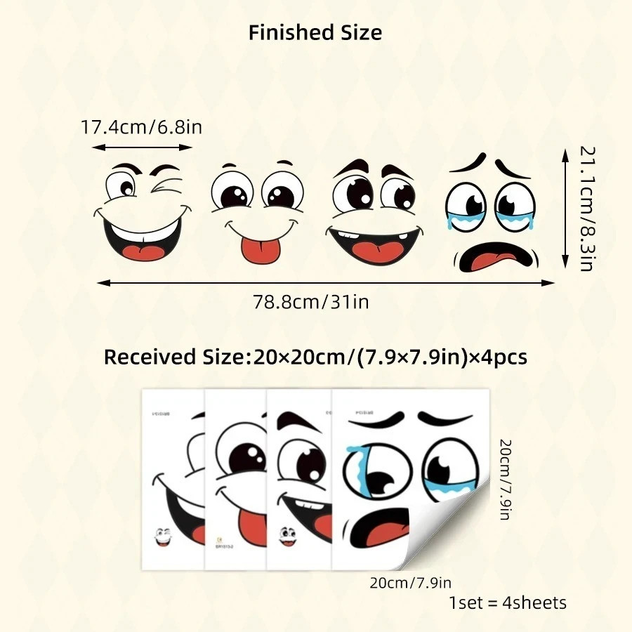 4Sheets Cartoon Face Stickers Self Adhesive Removable Funny Wall Trash Can Decor