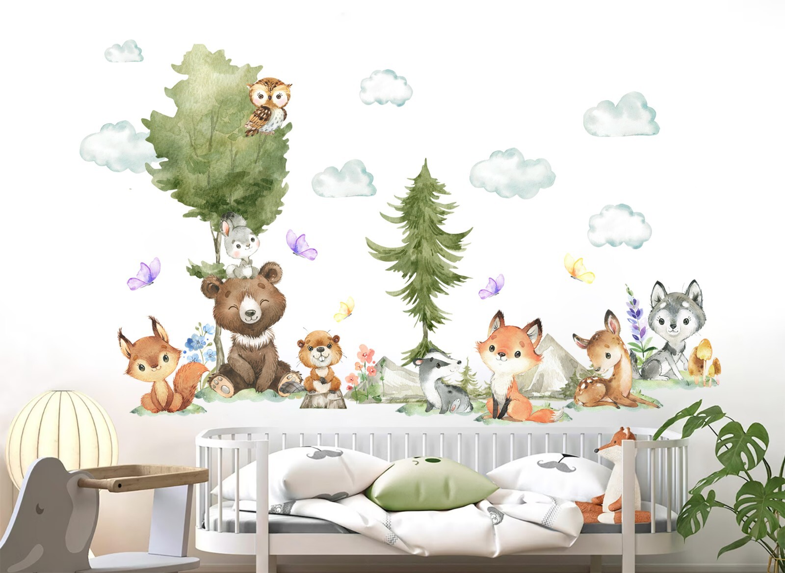 Baby Forest Animals Bear Deer wolf Tree Decoration Nursery Wall Decal Sticker