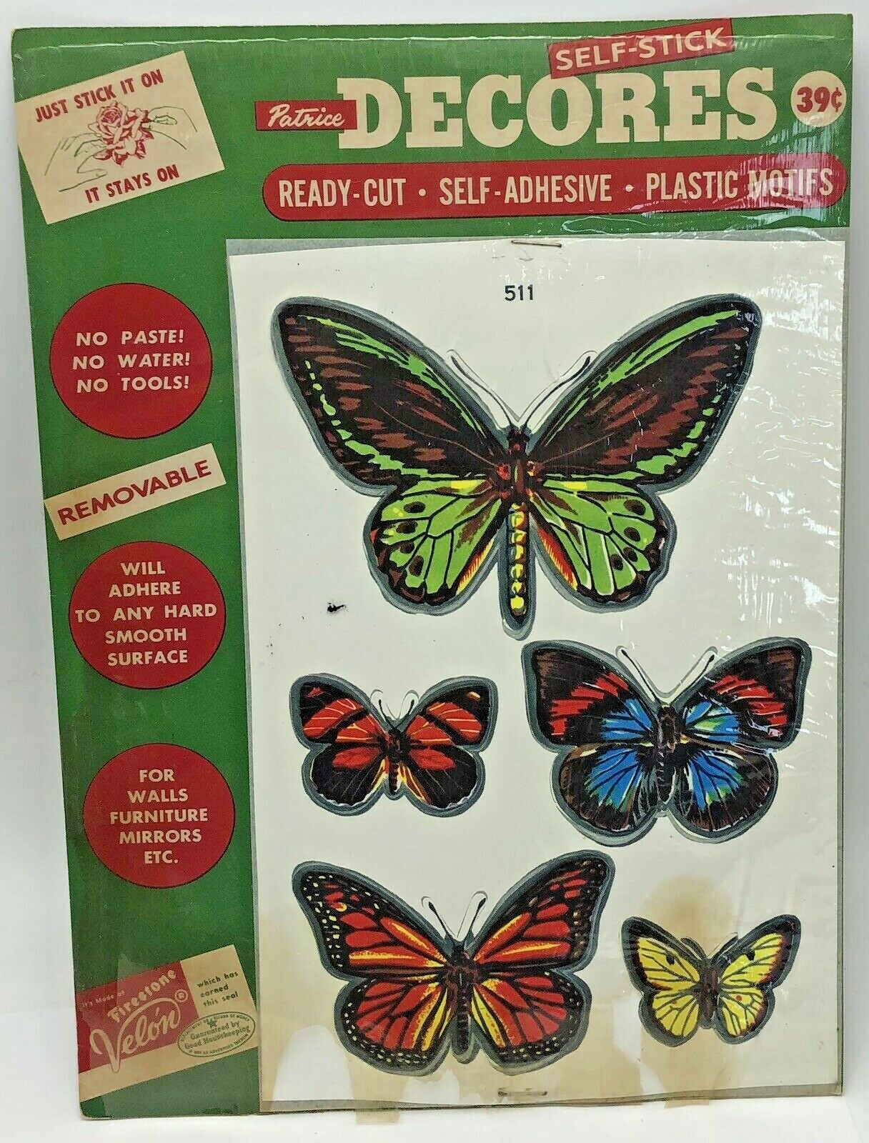 Vintage 1955 Patrice Decores Butterflies Plastic Motifs Appliques Self Adhesive