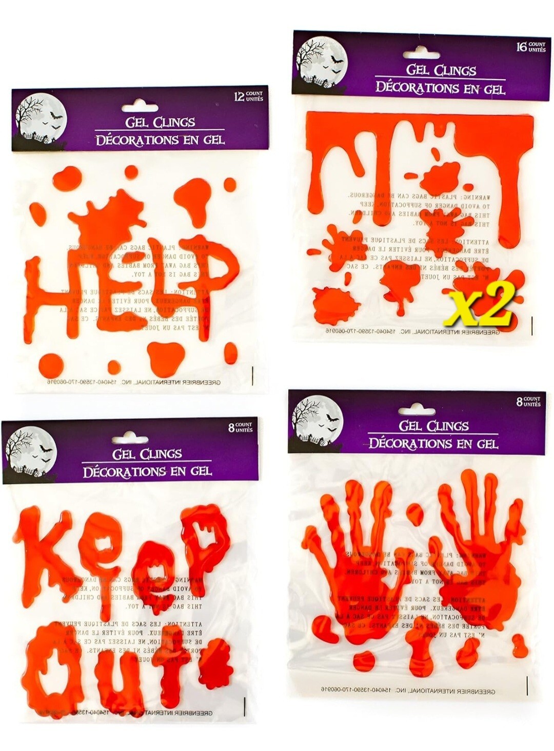 Set of 5 Halloween Bloody Drips Gel Stickers Clings Party Decor Hands Help, NEW