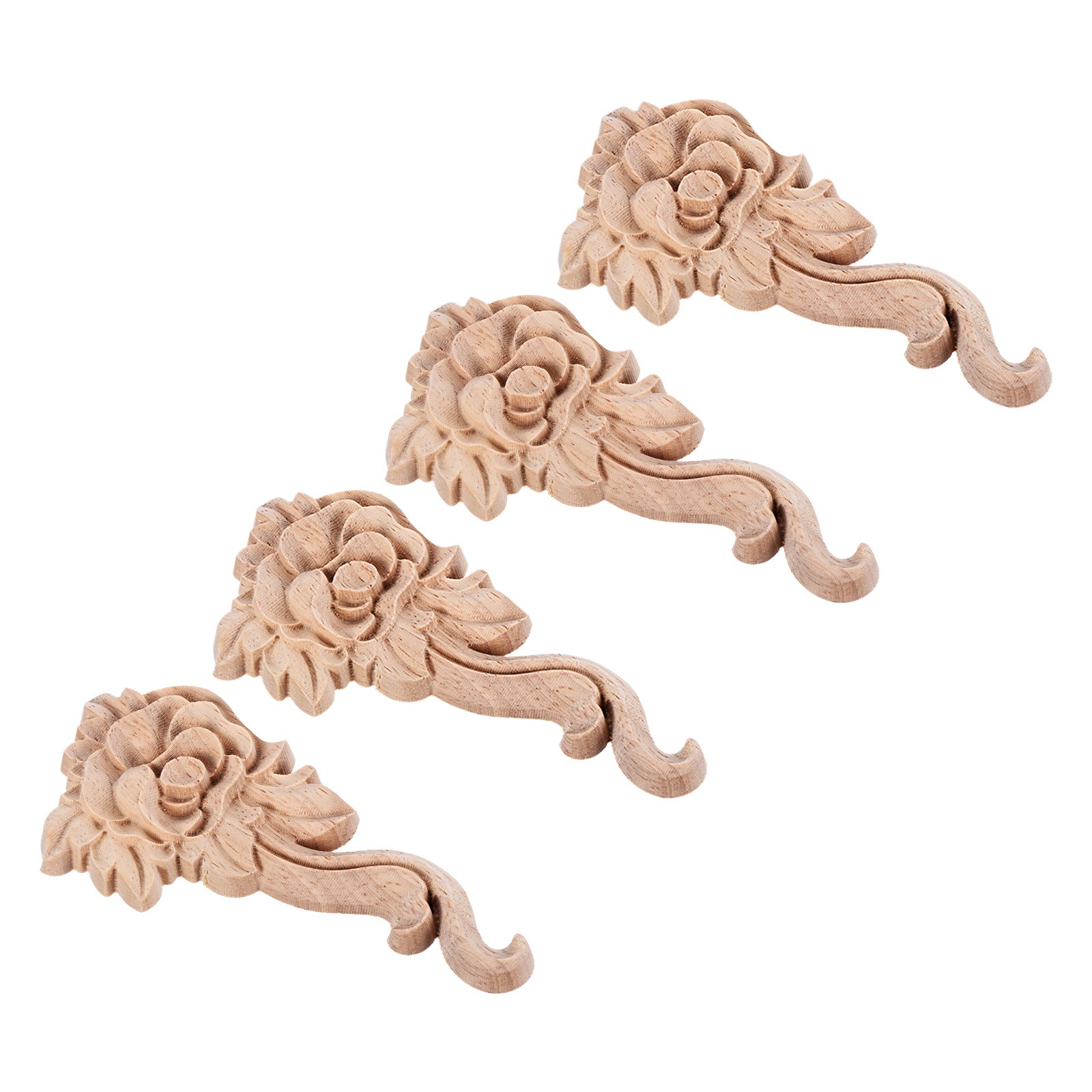 4pcs Rose Shape Wood Appliques for Furniture, 10.5cm Length