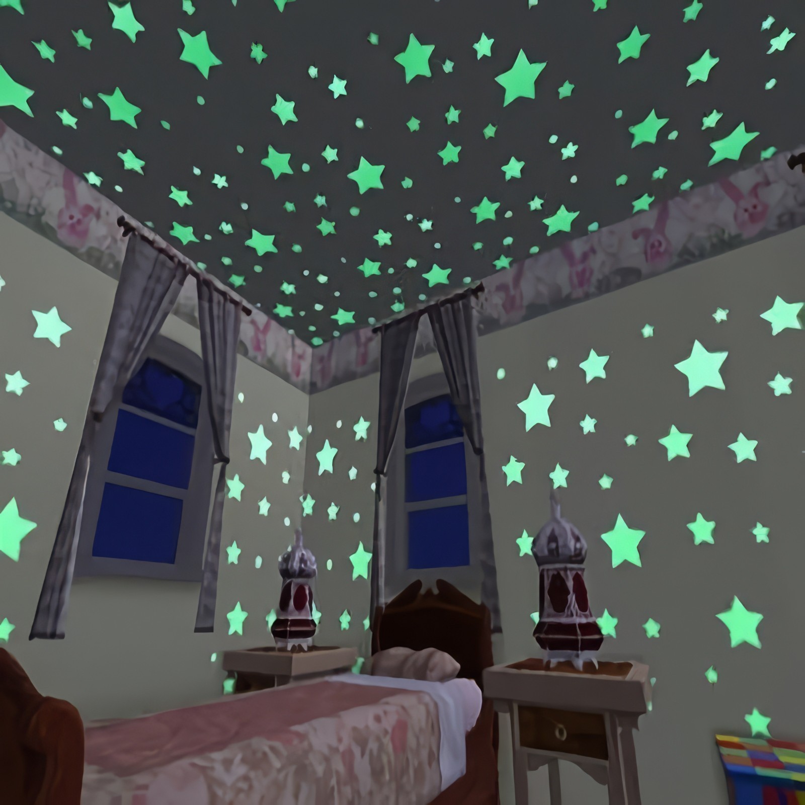 3D 100 pcs Stars & Moon Set – Fluorescent Ceiling stickers for Nursery & Bedroom
