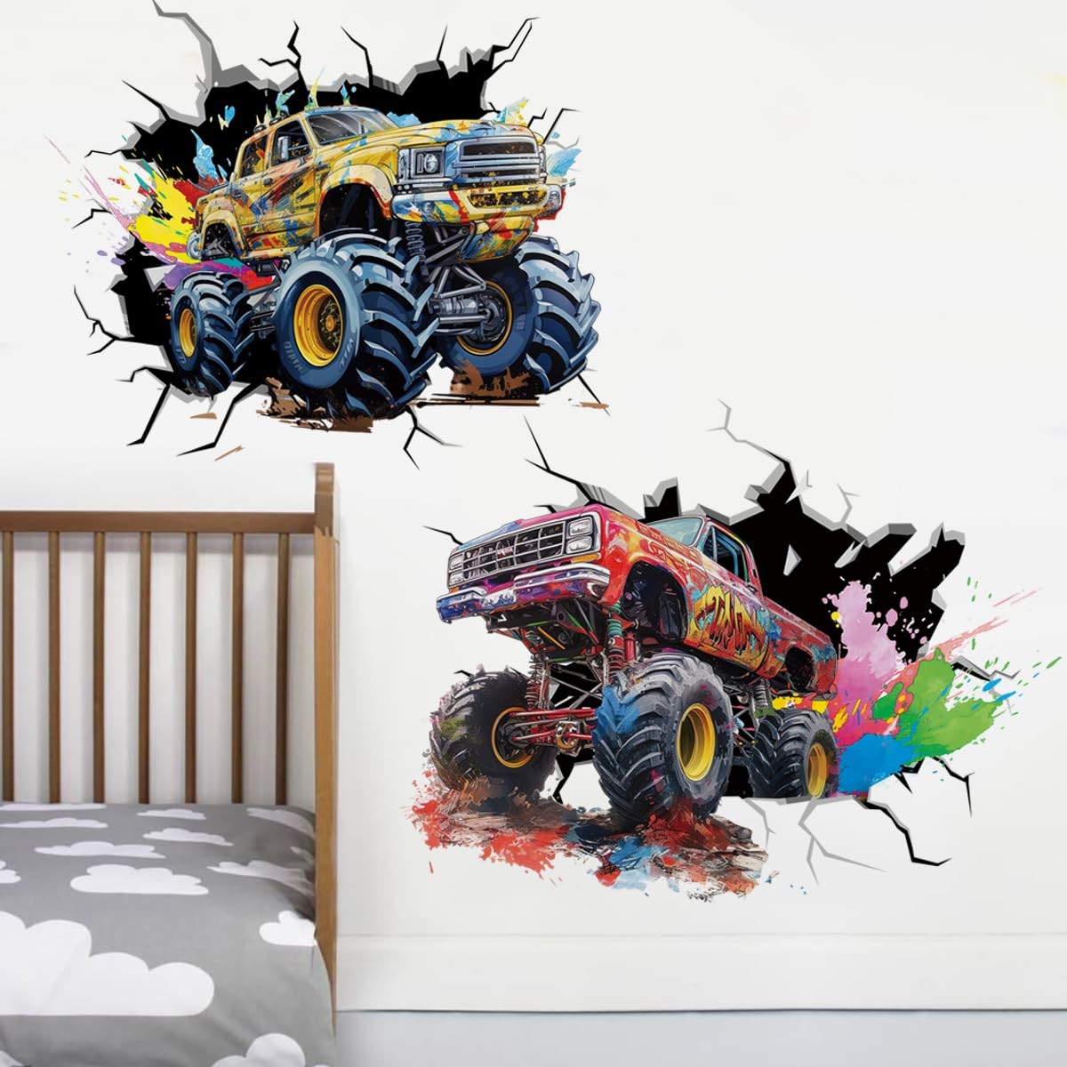 Large Monster Truck Wall Decals for Boys Room 3D Racing Car Wall Sticker Bedr…