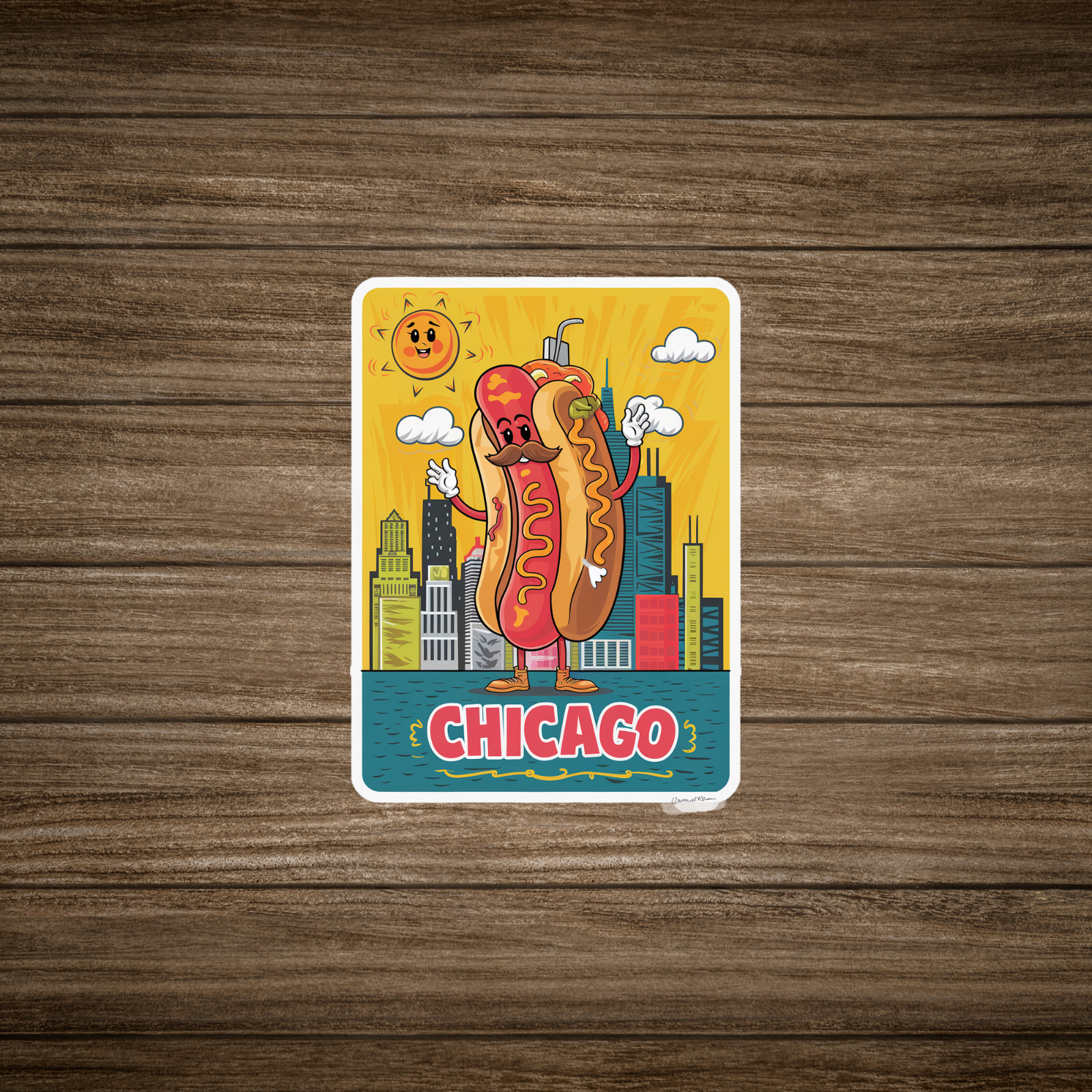 Chicago Hot Dog With Mustard Skyline Illustration Sticker Decal #3095