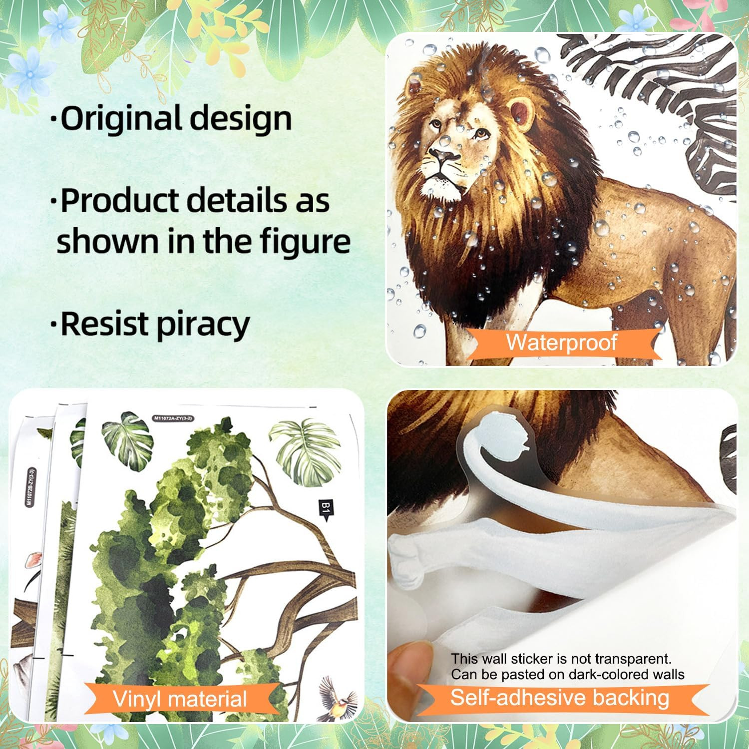 Watercolor Safari Animals Tree Wall Decals Removable Jungle Giraffe Lion Elephan