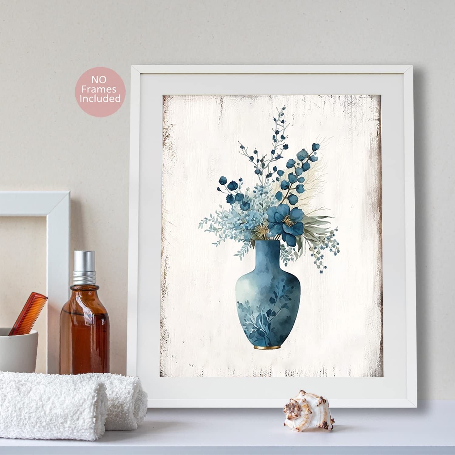 Funny Wall Art Poster, Blue Bathroom Decor, Navy Flowers Pictures, Rustic Vin…