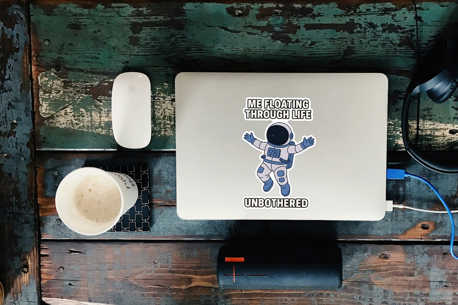 funny astronaut sticker, floating through life meme, unbothered space decal, gal