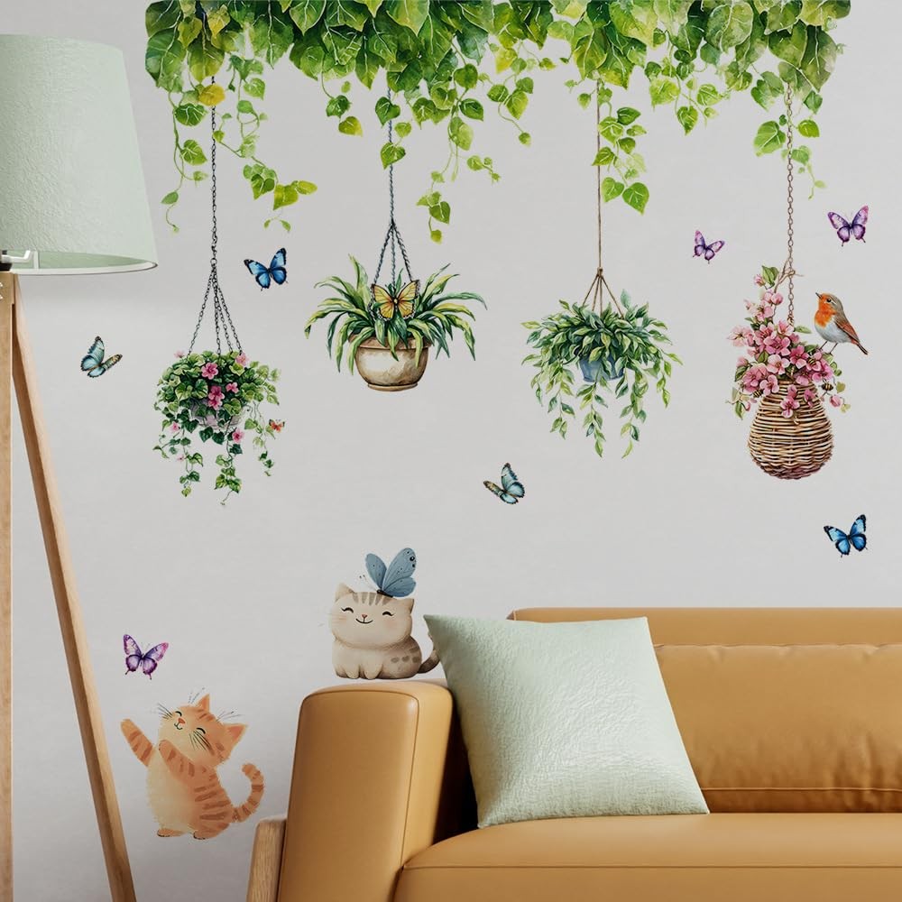 iMagitek Hanging Plants Wall Decals Garden Butterfly with Cat Bird Wall Stick…