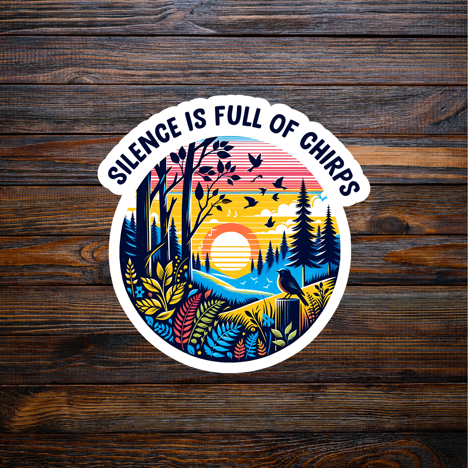 Nature sticker vinyl decal silence is full of chirps sunrise birds forest