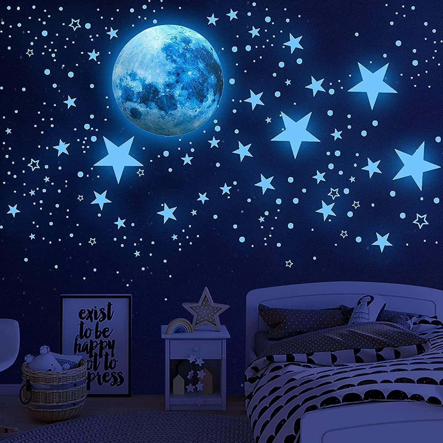 Sky Blue 1008Pcs Glow-in-the-Dark Stars & Moon Wall Stickers – Safe for Kids