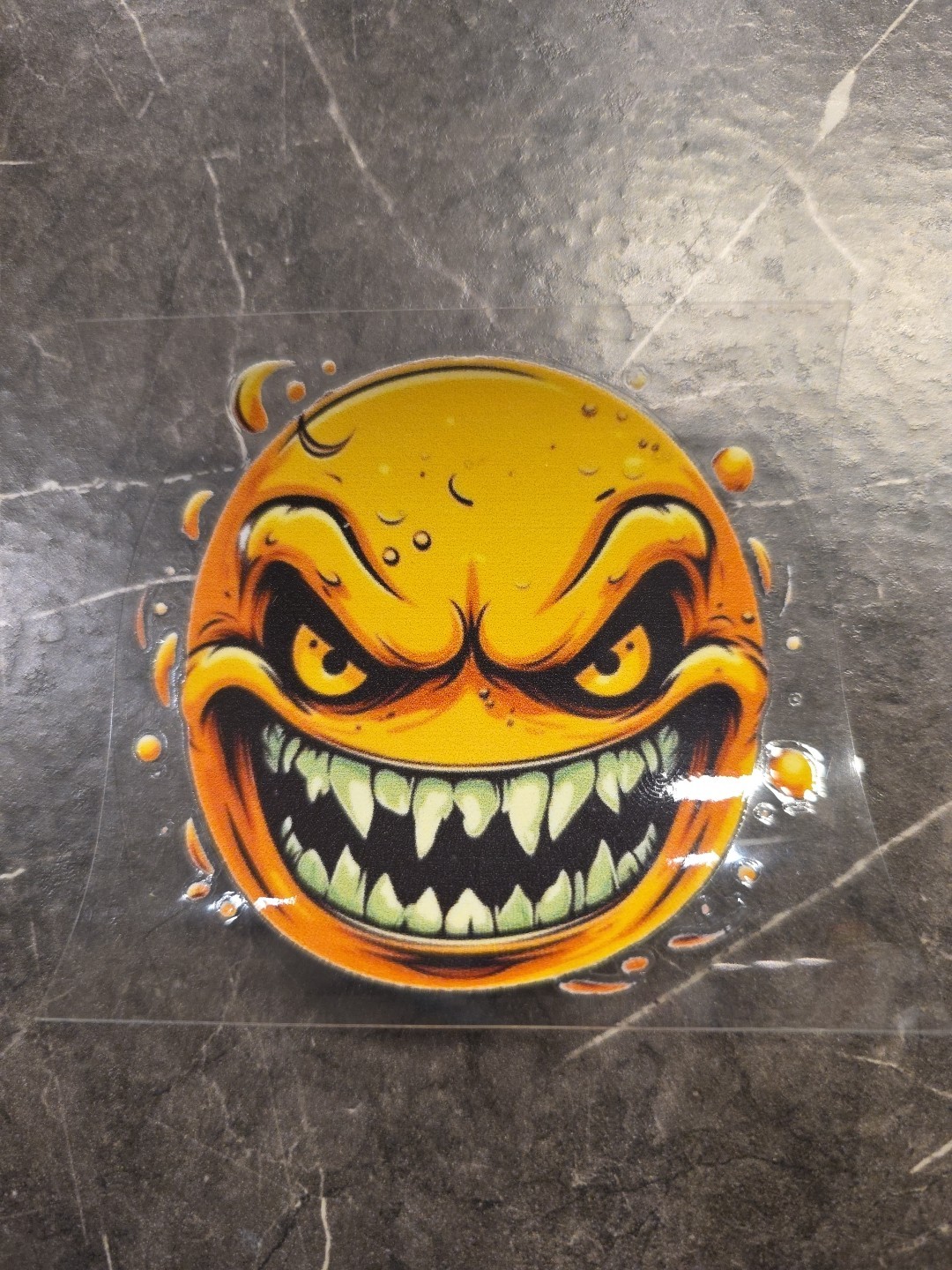 Evil Grin Smiley Face fangs UVDTF Raised Decal Sticker Full Color Waterproof
