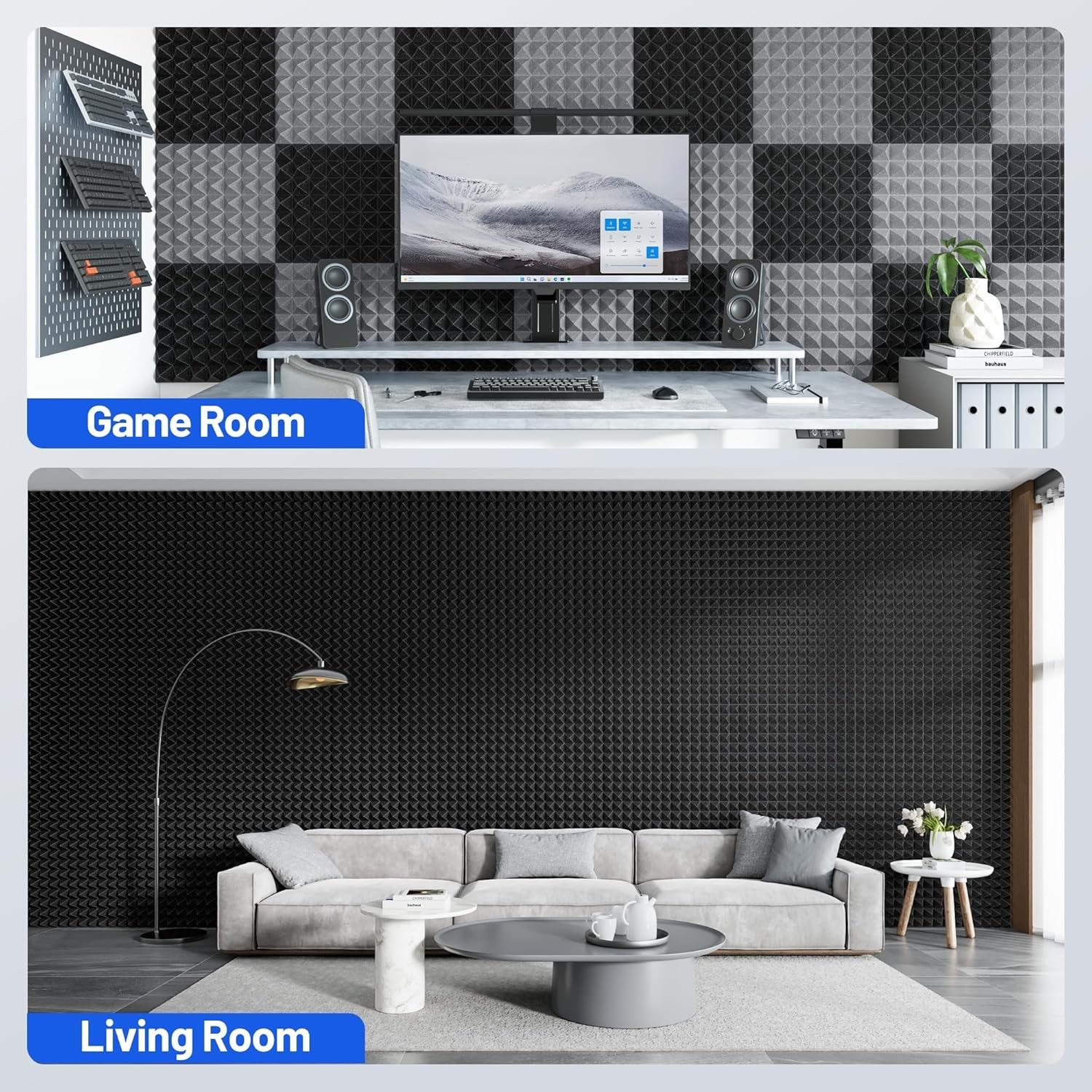 12 Black Pyramid Panels, Noise Reduction, Self-Adhesive High-Density Foam Wall P