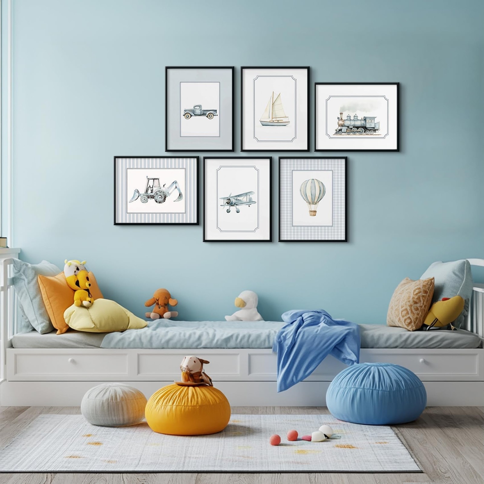 6Pcs Blue Nursery Wall Art Vintage Blue Baby Boys Car Canvas Painting Vintage…