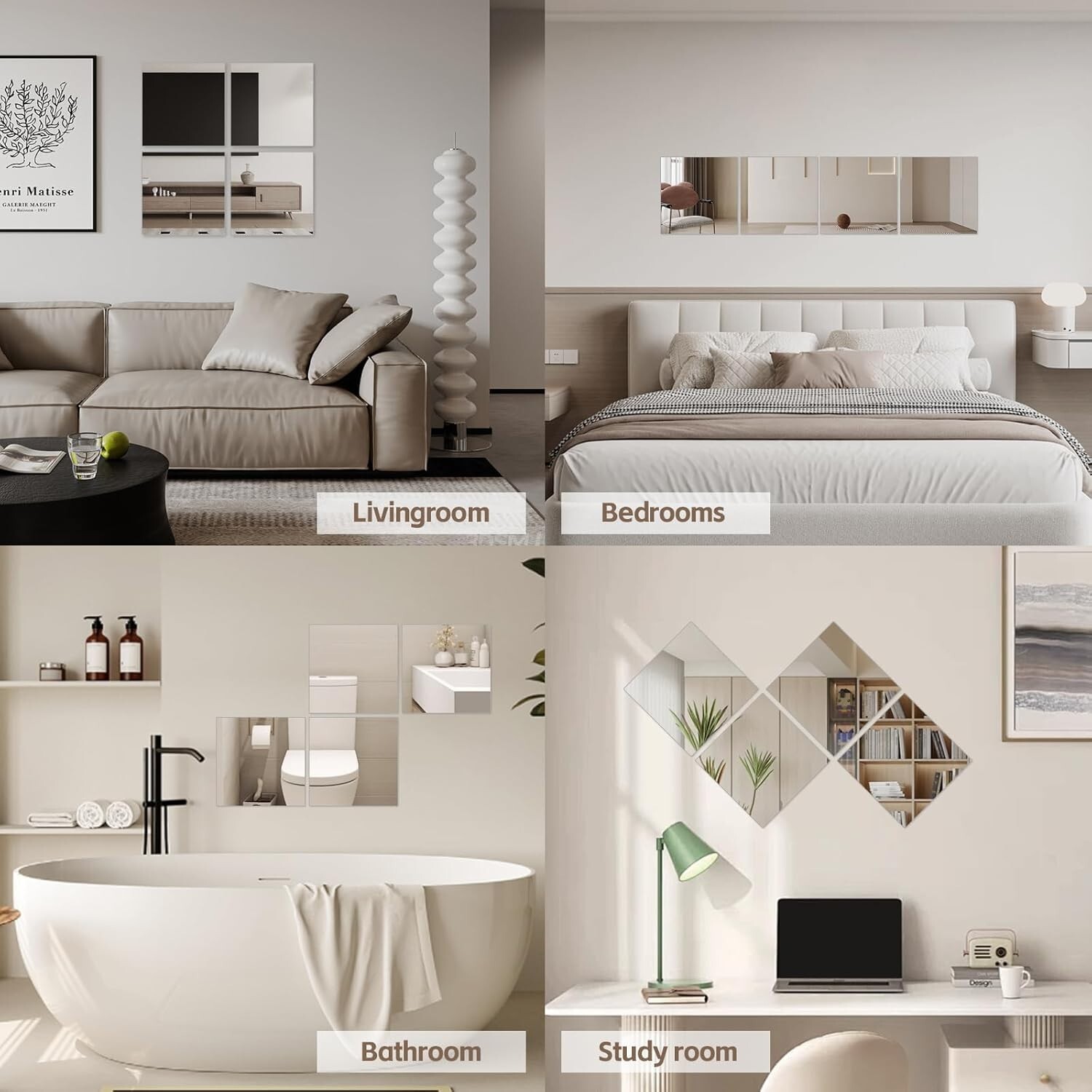 Self Adhesive Mirror Tiles 7.8×7.8in 4 Pack Modern Wall Decor for Bedrooms