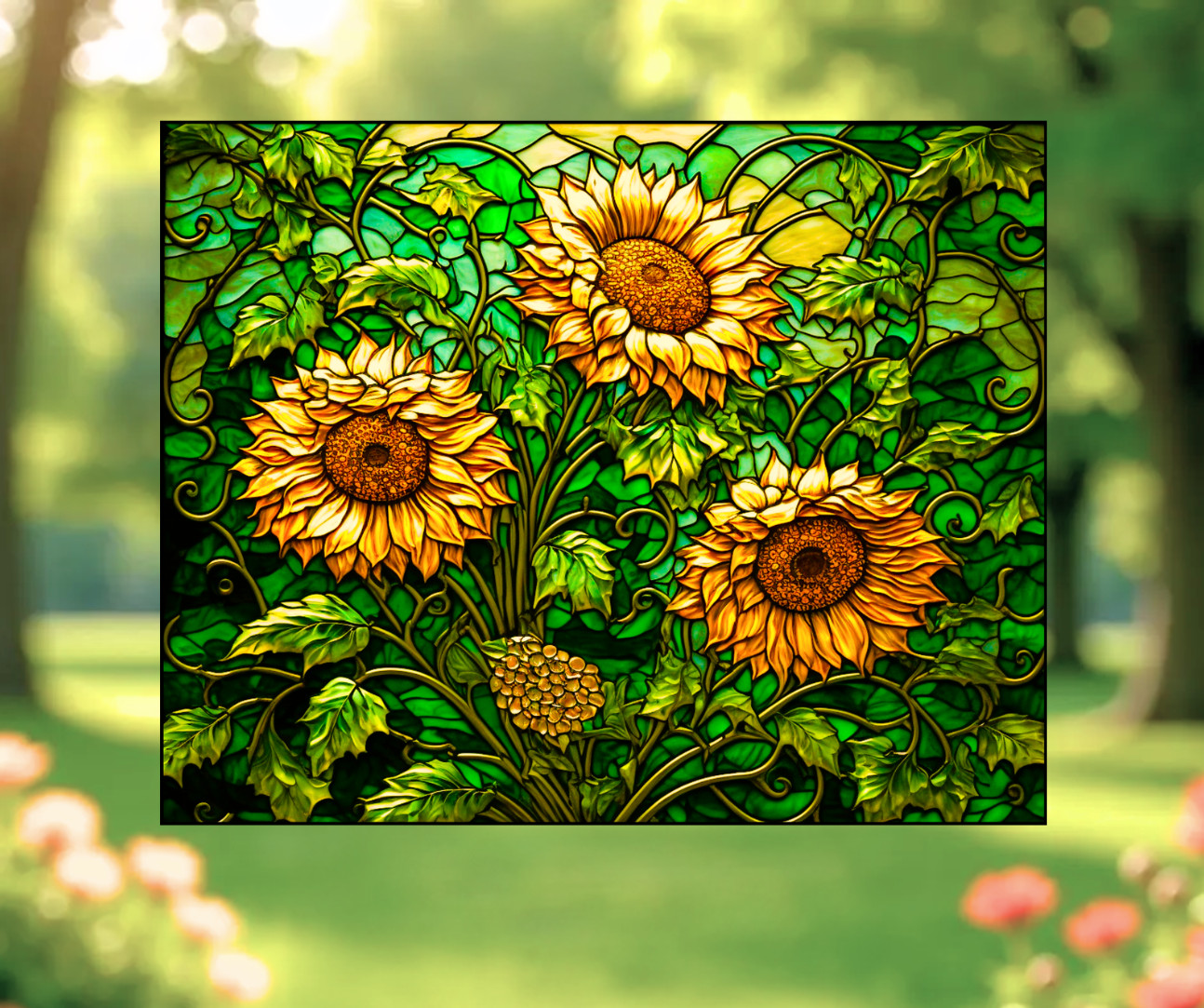 Wild Sunflowers Faux Stained-Glass WINDOW CLING Size 10" Repositionable Vinyl