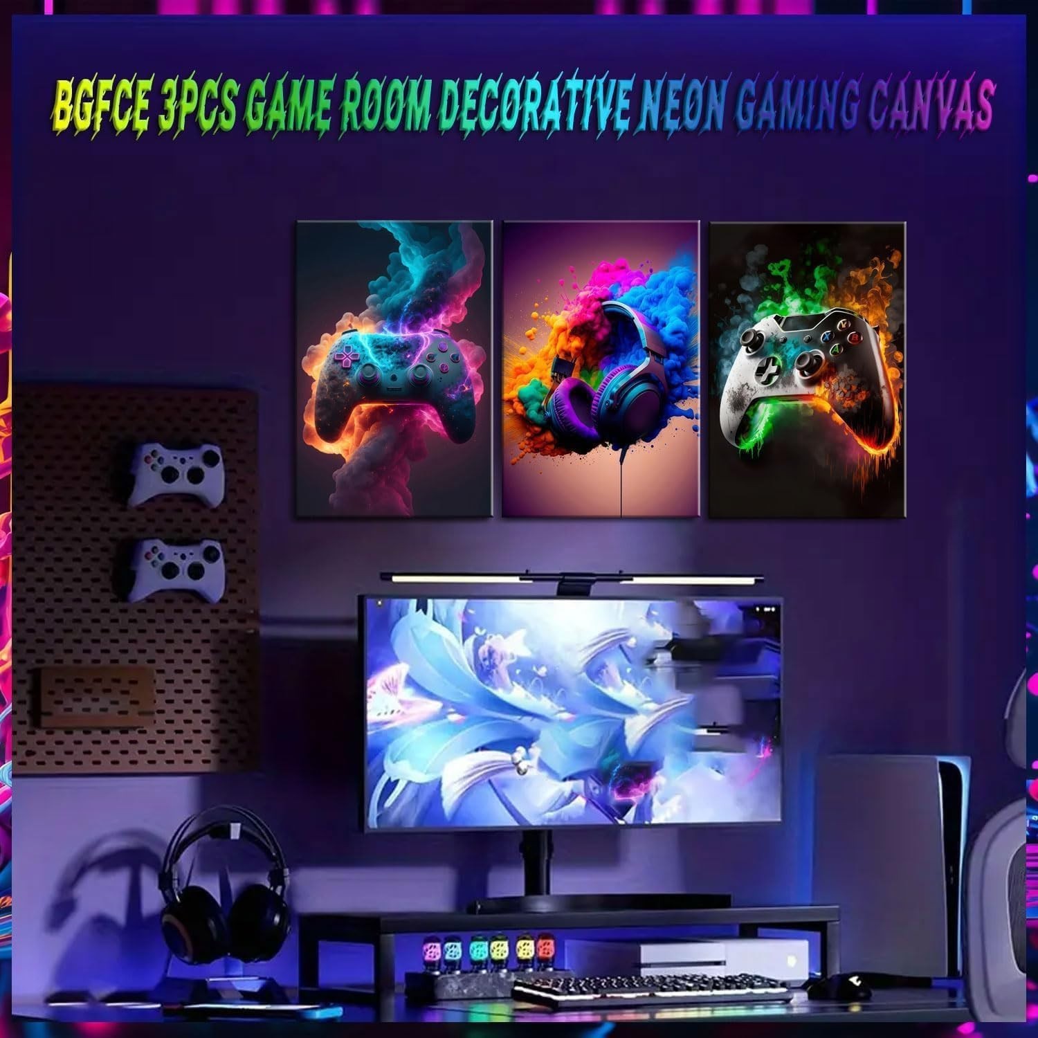 Vibrant Gaming Wall Art Set of 3 – Neon Canvas Prints for Teen Rooms