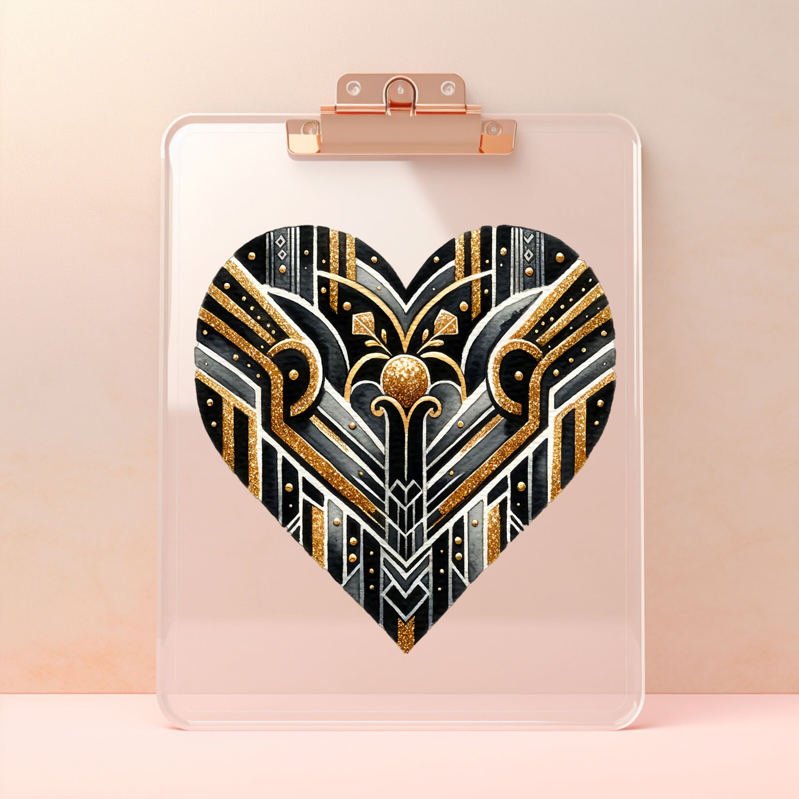 Black and Gold Art Deco Heart UV DTF Transparent Sticker / Decal