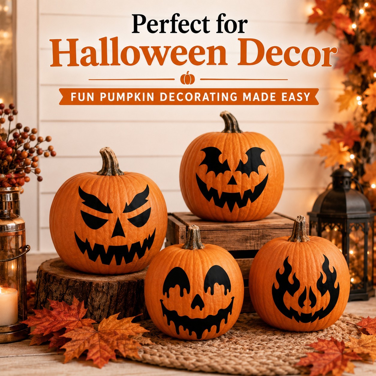 Halloween Pumpkin Face Sticker Set | 4 Reusable Jack-O'-Lantern Vinyl Decals