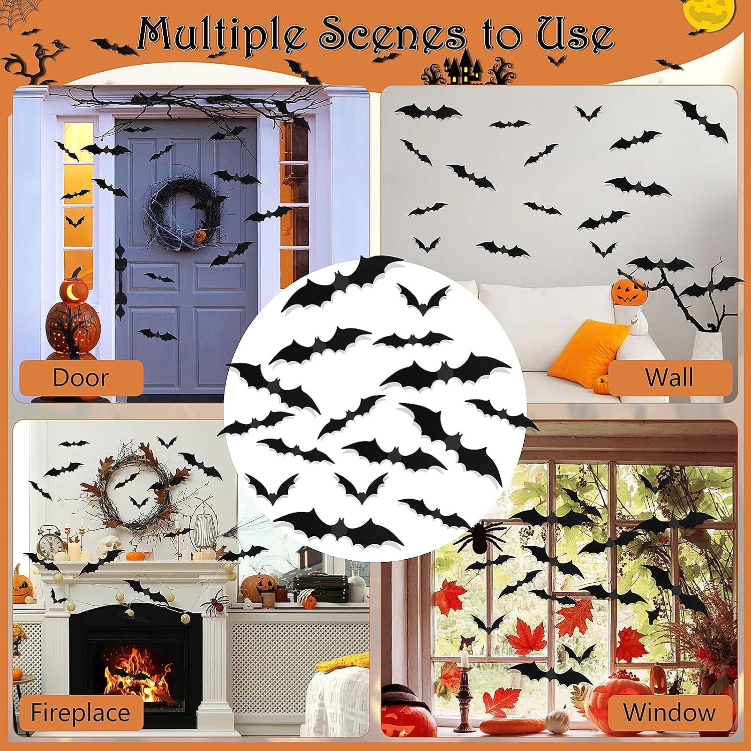 120 Pcs 3D Bat Stickers Halloween Decorations for Home | 4 Size Scary Black Spoo