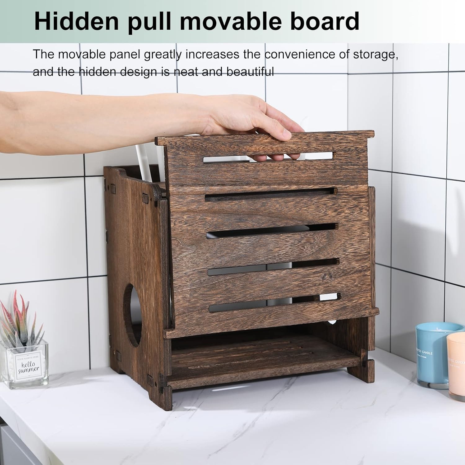 Wooden Wireless WiFi Router Storage Box Modem Router Cover Wood Shelf Power S…