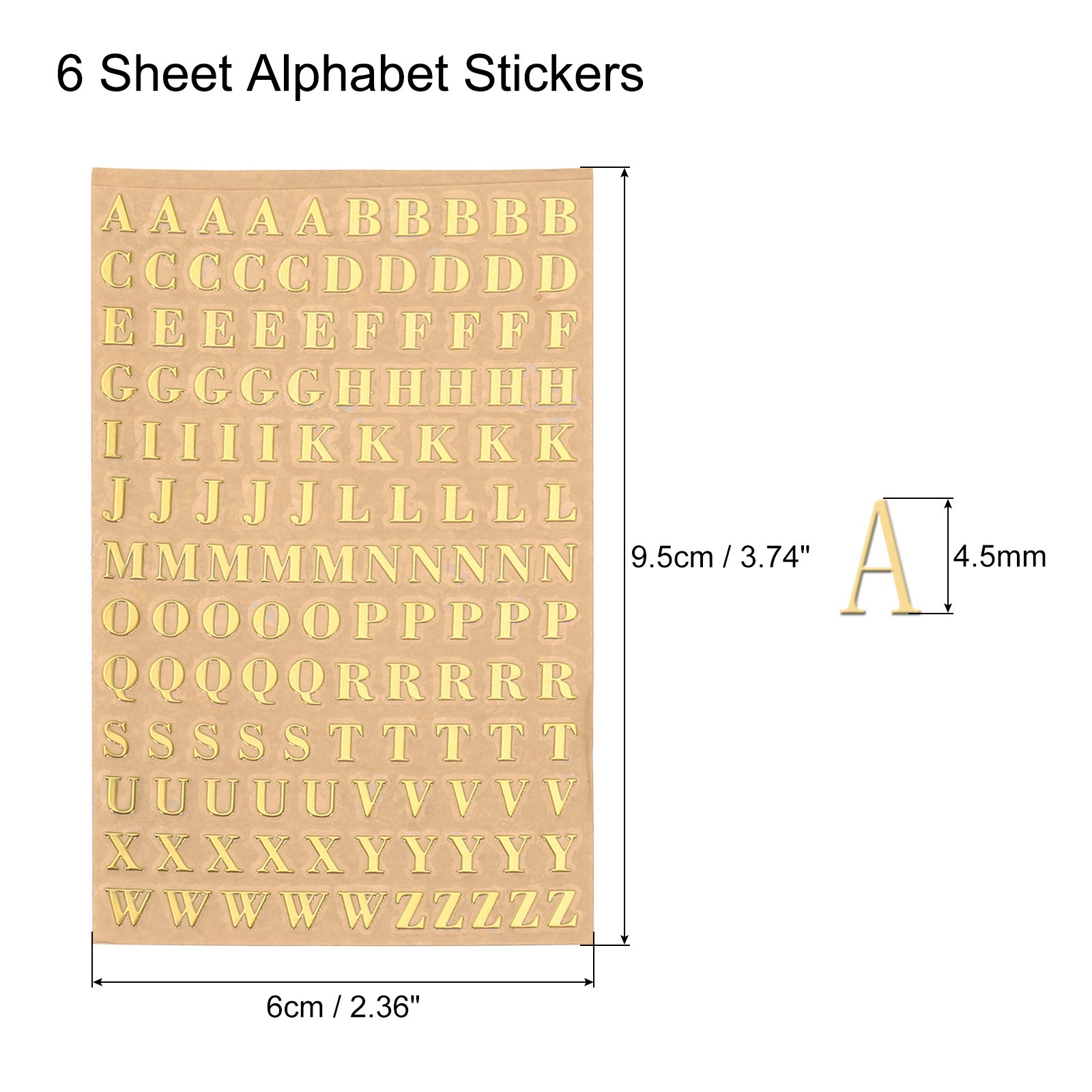 6 Sheets Letter Resin Stickers A to Z Gold Sticker Uppercase 4.5mm