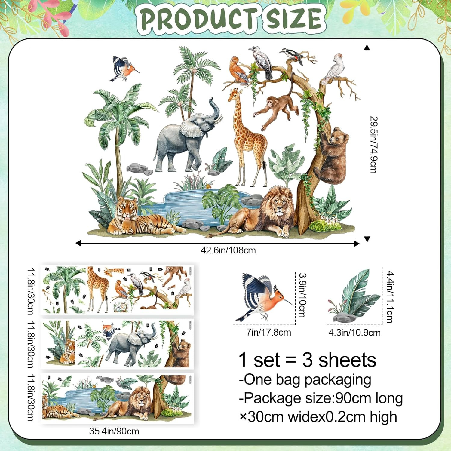 Watercolor Safari Animal Wall Decals – Jungle Tiger Lion Elephant Giraffe Monkey