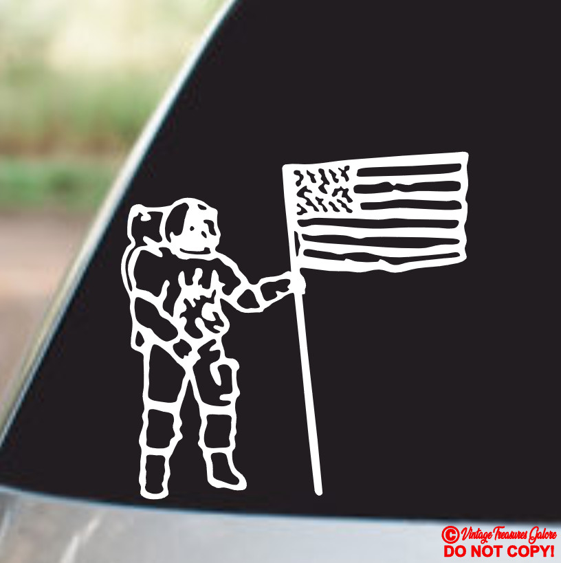 ASTRONAUT HOLDING AMERICAN FLAG Vinyl Decal Sticker Car Window Bumper MOON WALK