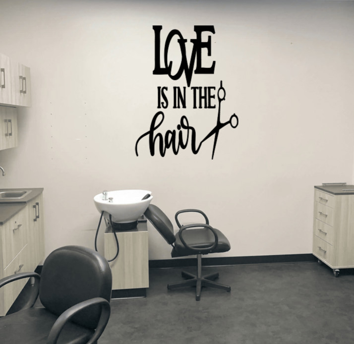 Love is in the Hair Wall Decal, Salon Wall Art Sticker, Black, 15 x 11.5 inches