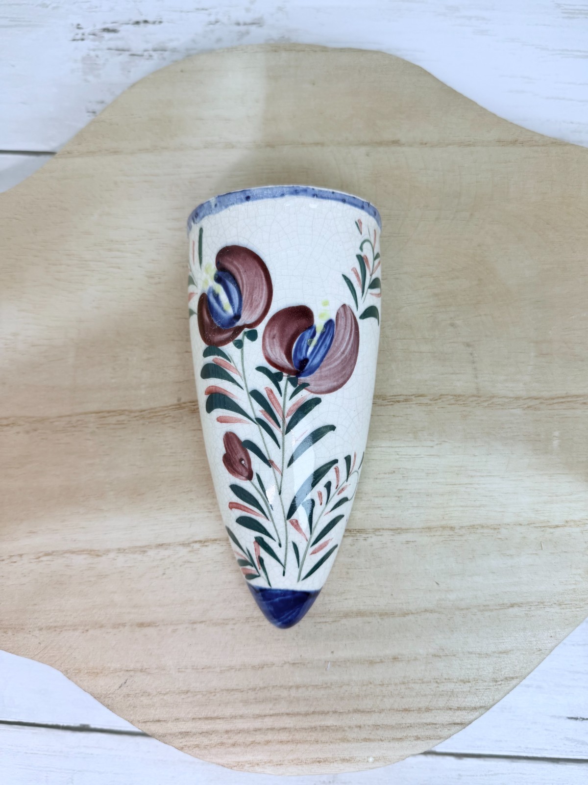 Vintage Japanese Pottery Wall Pocket Vase Floral Hand Painted Blue Pink Japan