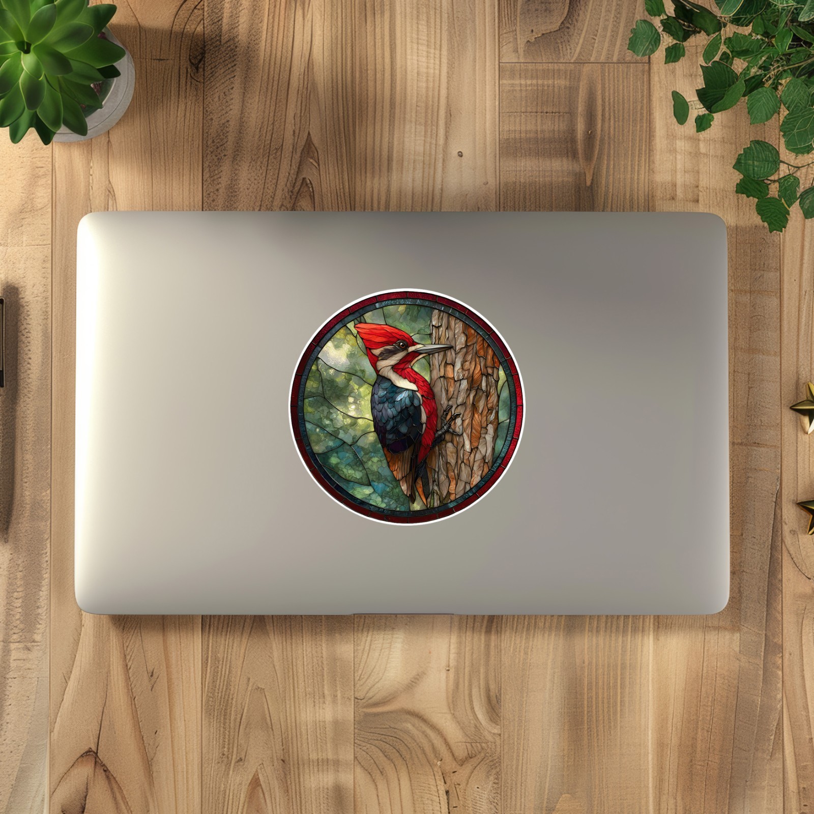 Beautiful Woodpecker Bird Stained Glass Window Opaque Vinyl Sticker Decal