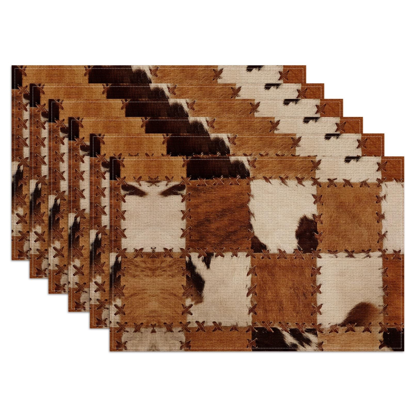 Brown Cowhide Print Placemats Set of 6,12×18 Inch Cow Skin Linen Place Mat Wa…