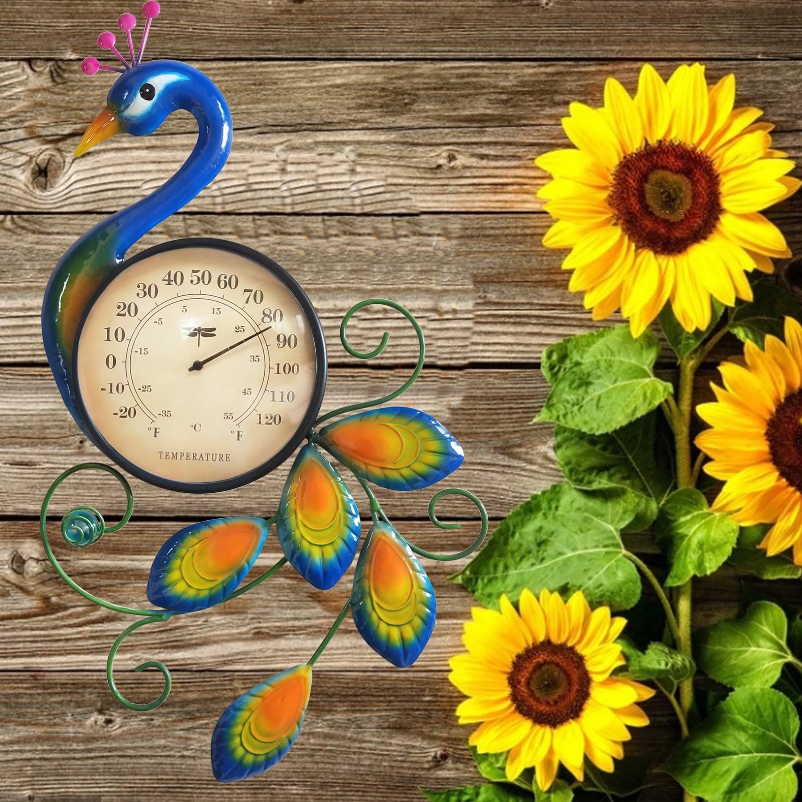 Metal Peacock Thermometer Indoor Outdoor Wall Art Decor Plaque Sculpture Hang…