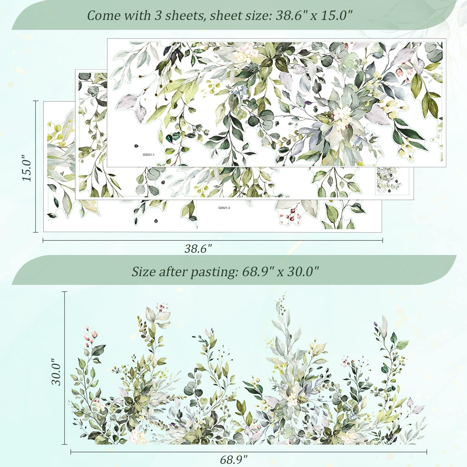 Green Plants Leaves Wall Decals Peel and Stick, Large Floral Flowers Wall Sticke
