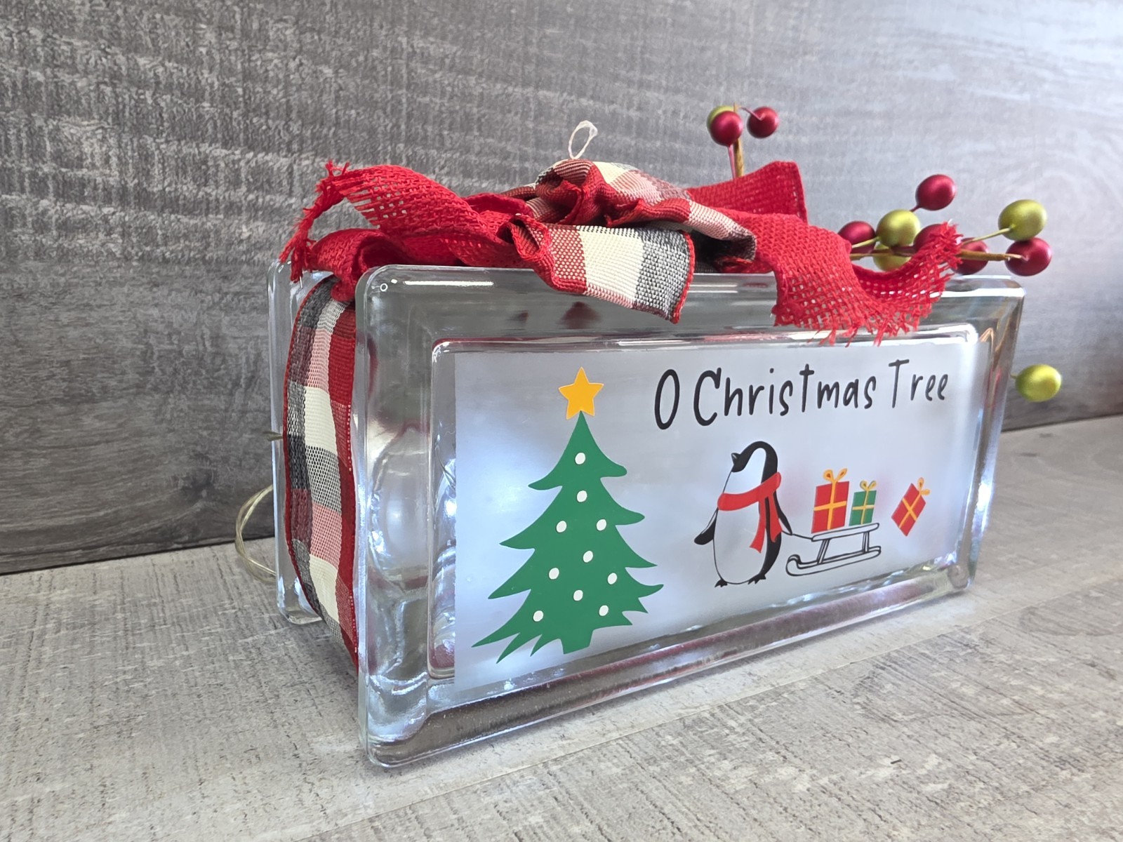 Handcrafted Christmas Penguin Glass Block 8x4x3" Lights Up O Christmas Tree g50