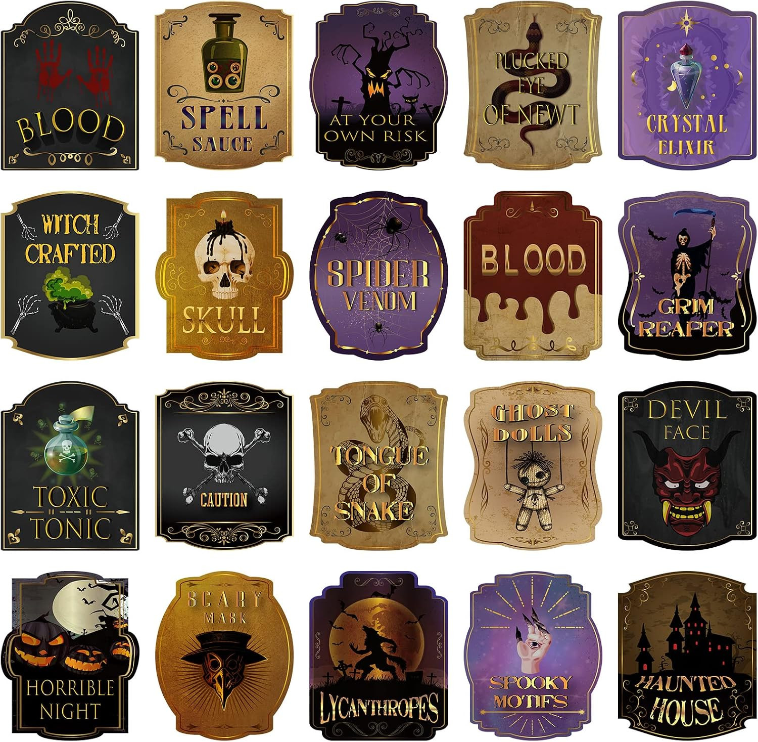 80 Pcs Apothecary Bottle Labels, 20 Styles Waterproof Halloween,Cool | Vintage L