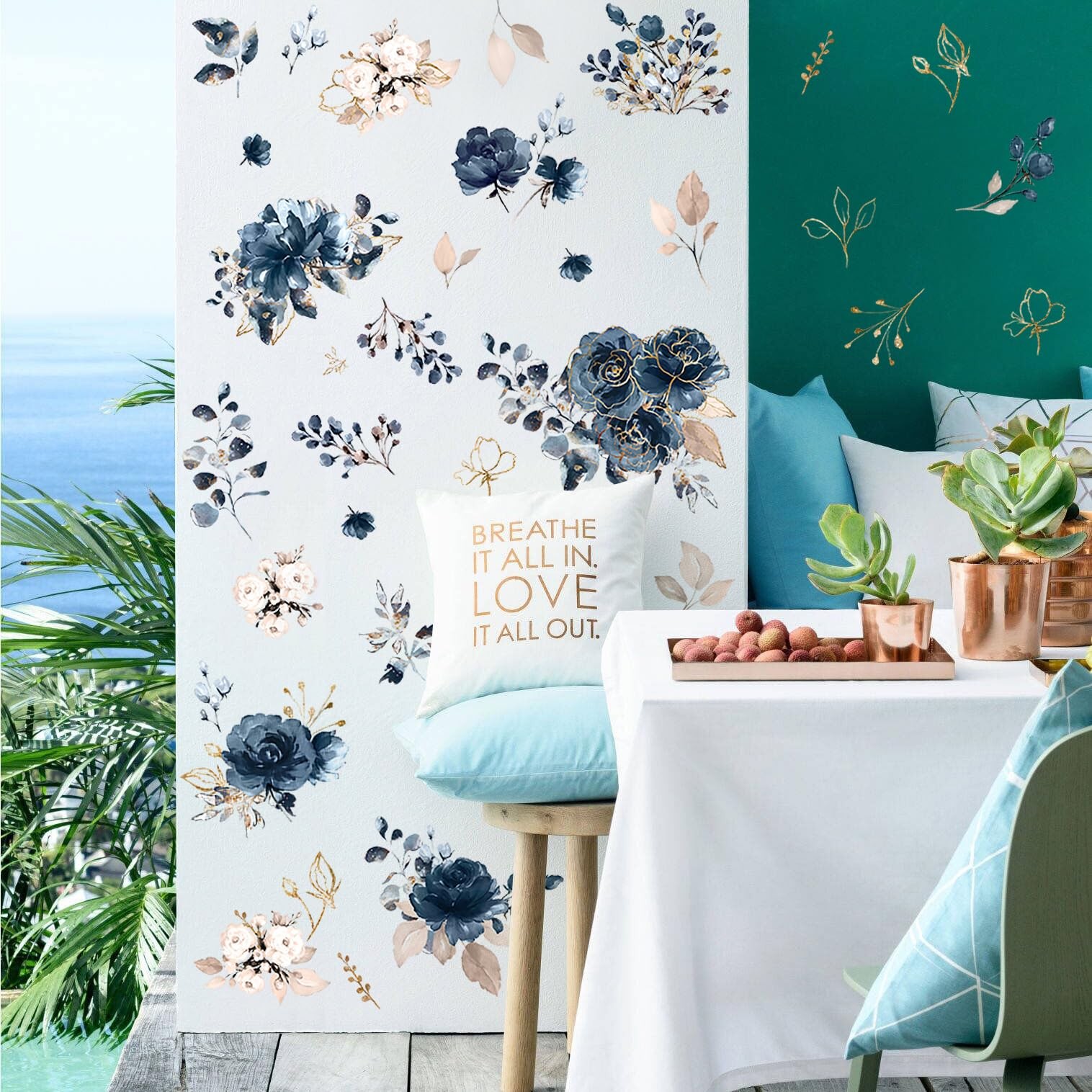 Blue Peony Flower Wall Decals Peel and Stick Rose Leaf Botanical Wall Sticker…