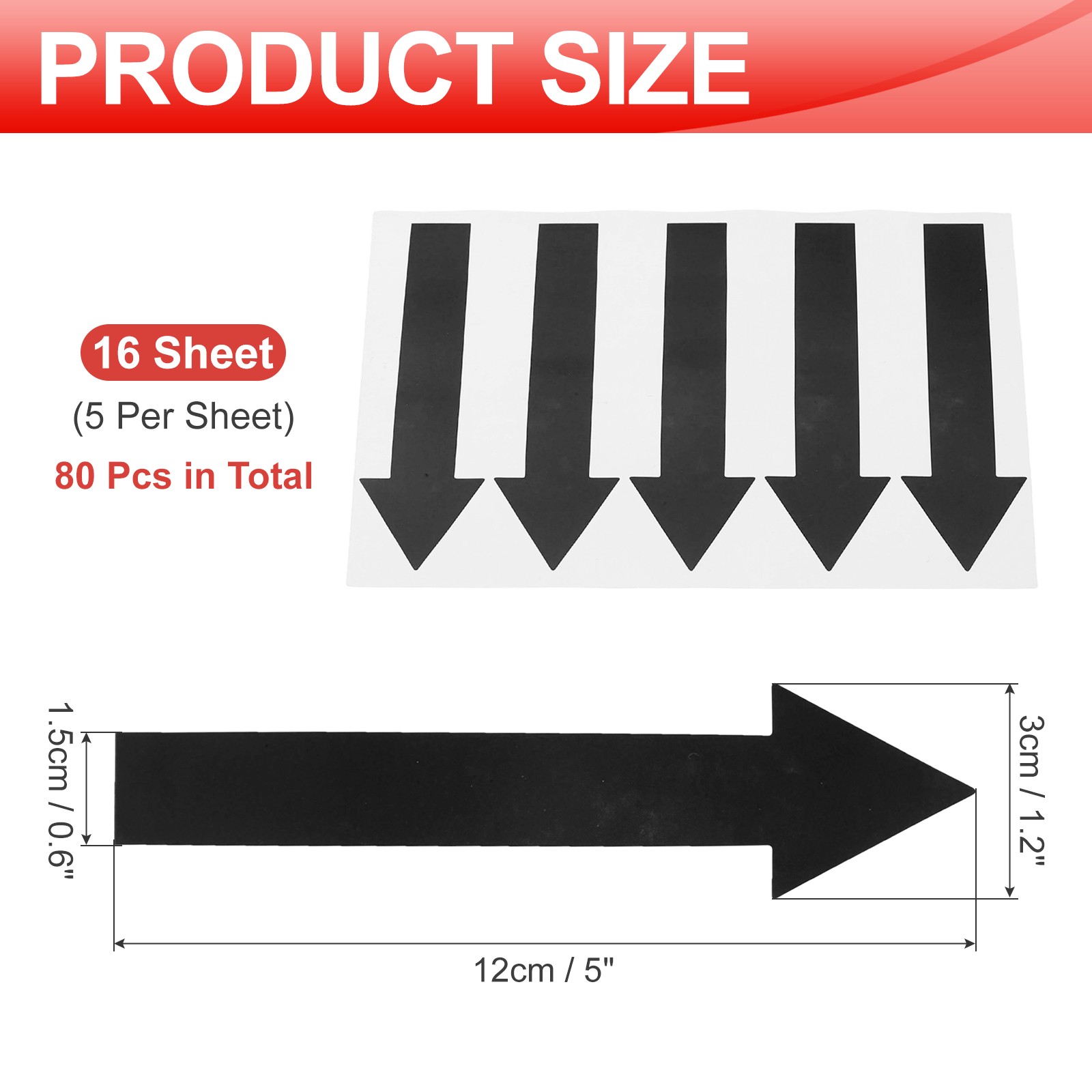 Arrow Sticker, (5×1.2 Inch, Black) (80 Pcs), Waterproof Arrow Sign Sticker