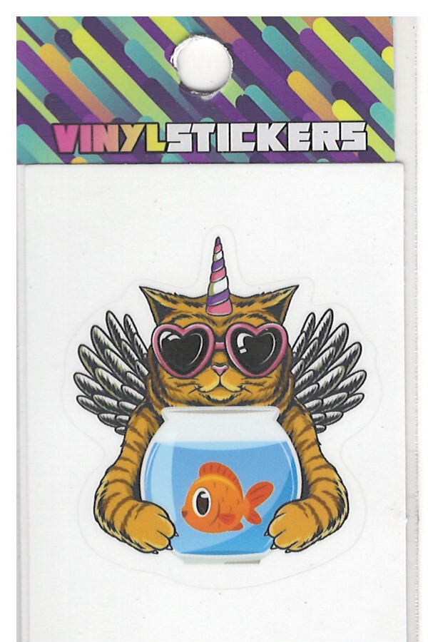 Party Cat with Shades and fish High Quality Vinyl Sticker UV/Weather Resistant