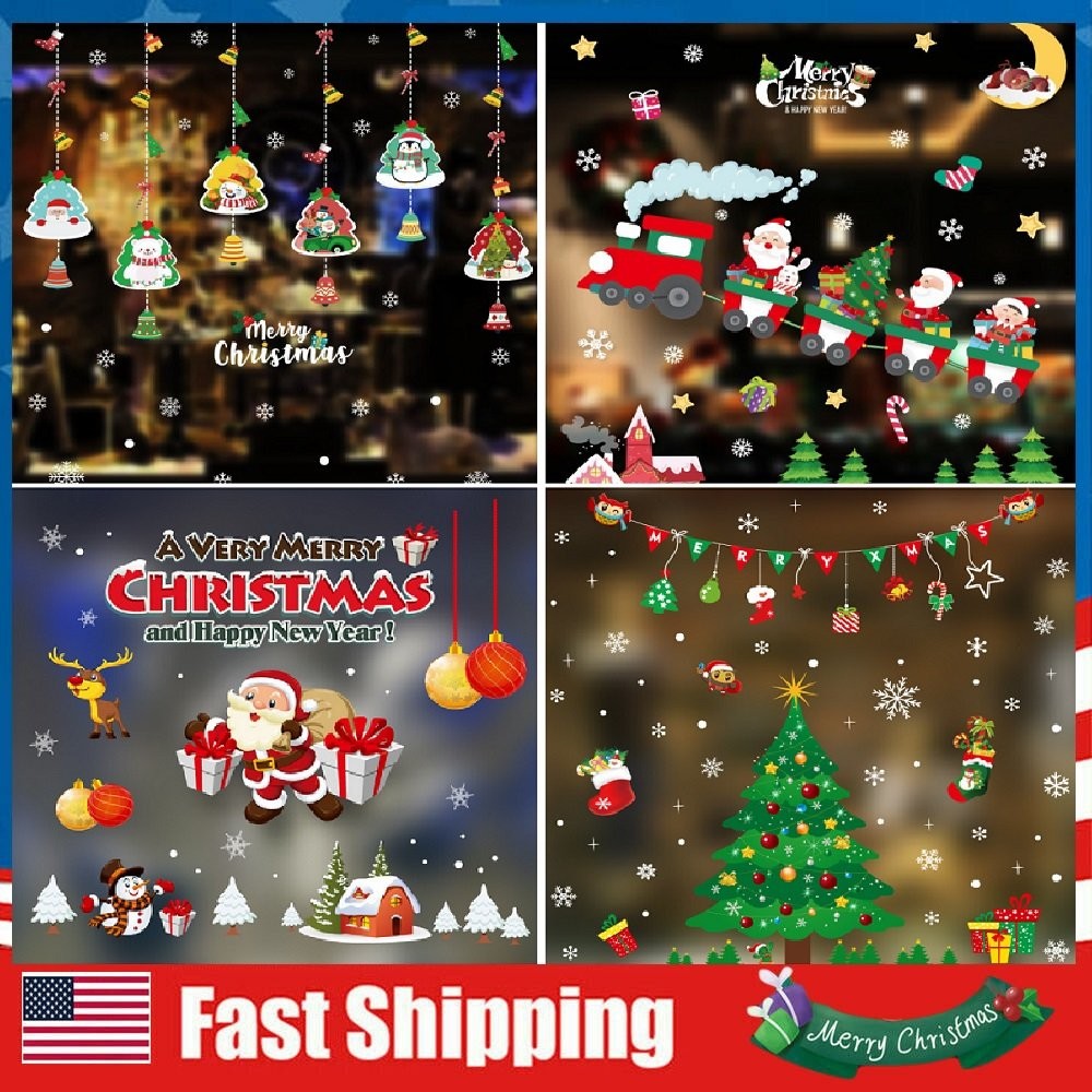 3x Removable Christmas Window Clings Decals Snowflake Santa Claus Showcase Decor